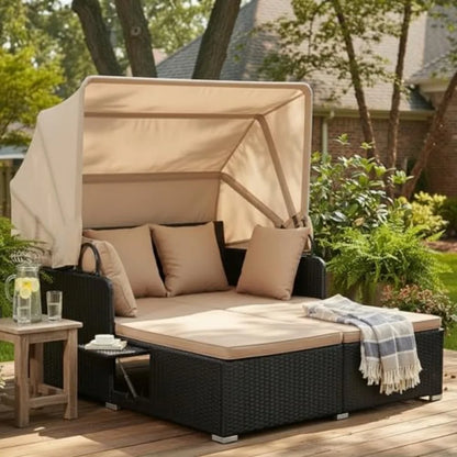 Patio Rattan Daybed with Retractable Canopy, Outdoor Wicker Sunbed Lounger with 2 Foldable Side Tables, Thick Seat and Back Cus