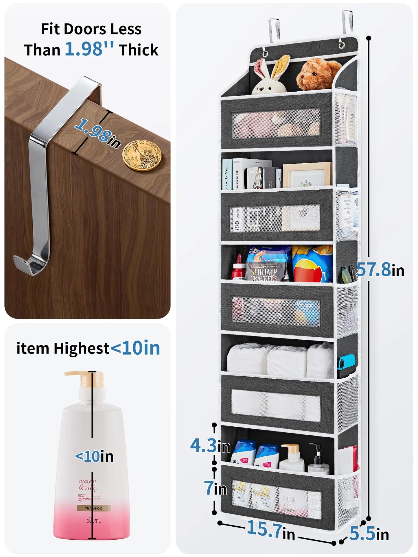 Over the Door 5‑Shelf Organizer, Large Pockets, Anti‑Tilt 44lb Load, Hanging Storage for Bedroom, Bathroom, Pantry, Nursery, Bla