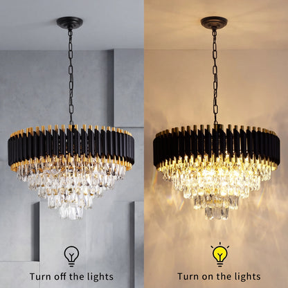 Modern Black & Gold Crystal Chandelier, Dimmable 5-Tier Round K9 Crystal Chandelier for Kitchen Island/Living Room/Bedroom