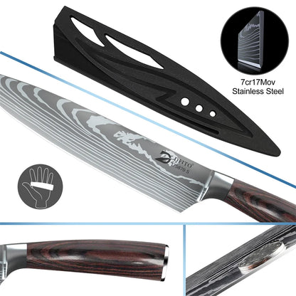 MDHAND 8pcs Kitchen Knife Damascus Stainless Steel Chef Knife Utility Paring Boning Cleaver Slicing Santoku Knives Nylon Bag