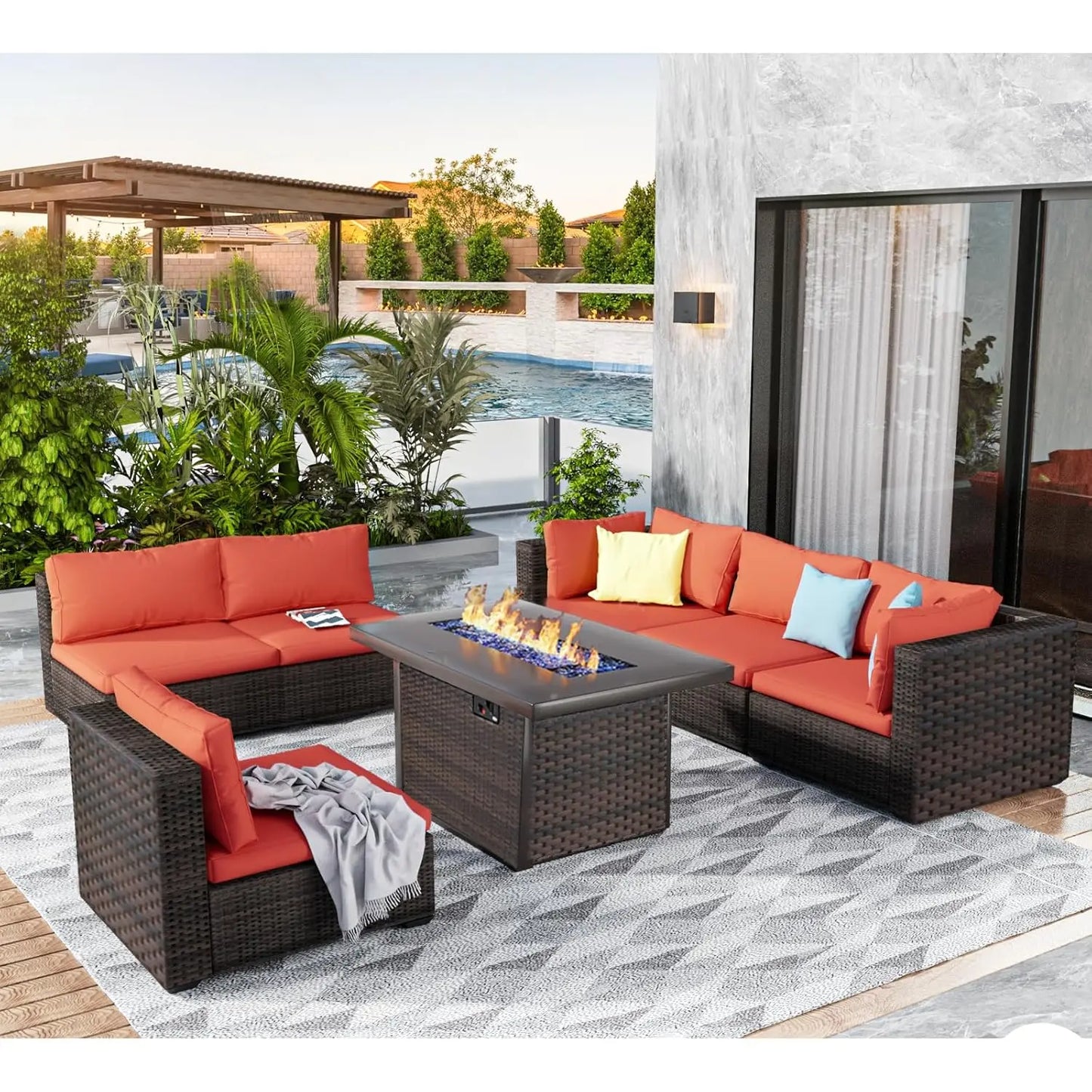 7 Pieces Outdoor Sectional Patio Furniture Set with Fire Pit Table PE Rattan Wicker Patio Sectional Conversation, Customized