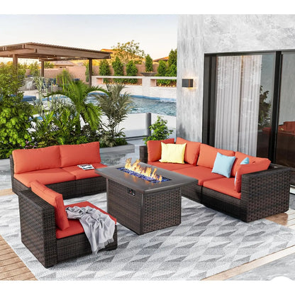 7 Pieces Outdoor Sectional Patio Furniture Set with Fire Pit Table PE Rattan Wicker Patio Sectional Conversation, Customized