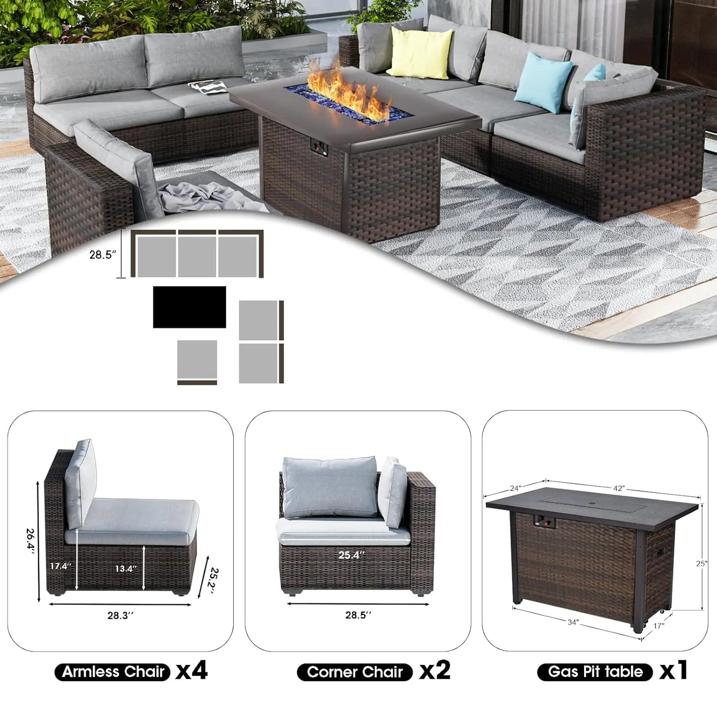7 Pieces Outdoor Sectional Patio Furniture Set with Fire Pit Table PE Rattan Wicker Patio Sectional Conversation, Customized