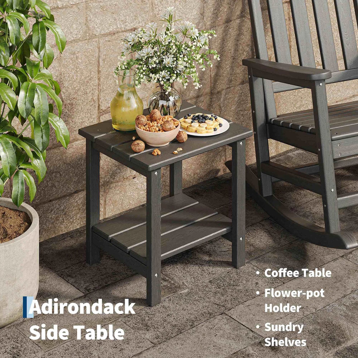 2-Piece Outdoor Poly Lumber Rocking Chair Set With Side Table, HDPE High-Back Adirondack Porch Rockers, All-Weather Resistant