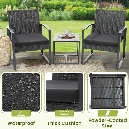 3 Piece Wicker Patio Bistro Set with Coffee Table Rattan Conversation Furniture for Balcony Garden Poolside Porch Yard Black