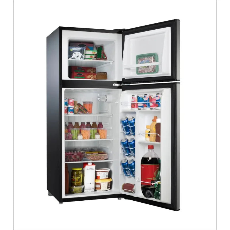Kitchen Helper Galanz 4.6. Cu ft Two Door Mini Refrigerator with Freezer, Stainless Steel, New, Width 19.13"