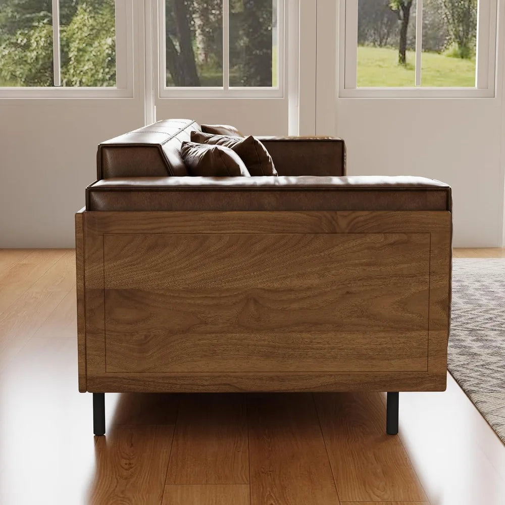 Mid-Century Modern Leather Sofa 111.81 with Wooden Accents on Sides & Back, Spacious 3 - Seat Couch for Living Room, Bedroom