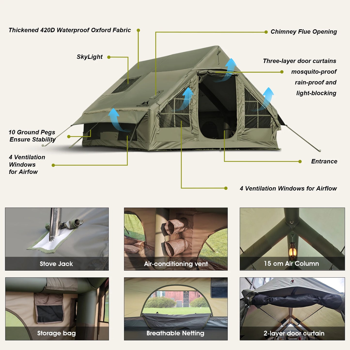 Army Green Waterproof Windproof Inflatable Tent